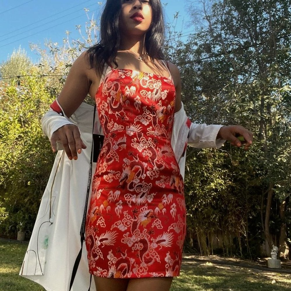 RED EMBORIERY- PRINTED BODYCON MINI DRESS